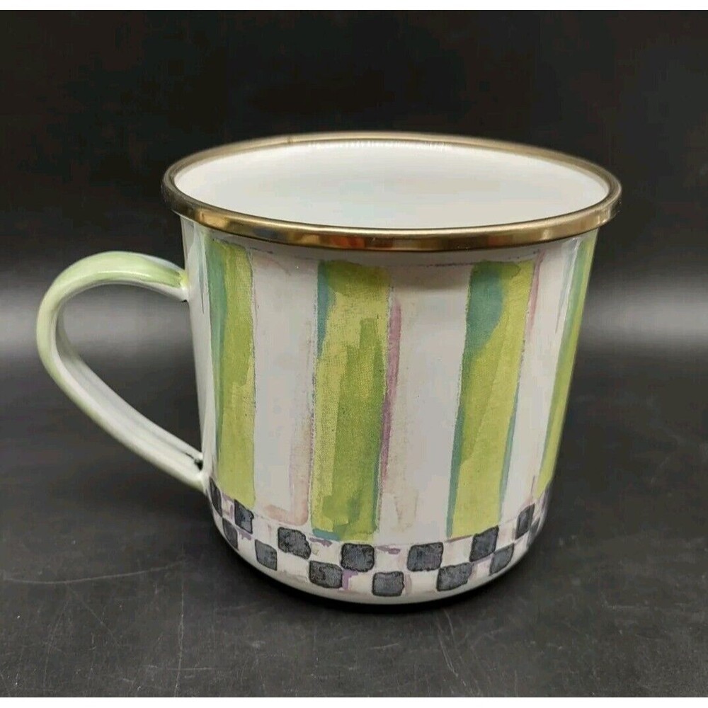 MACKENZIE-CHILDS Enamel Frog Cup- Striped & Checked 3.25" Mug